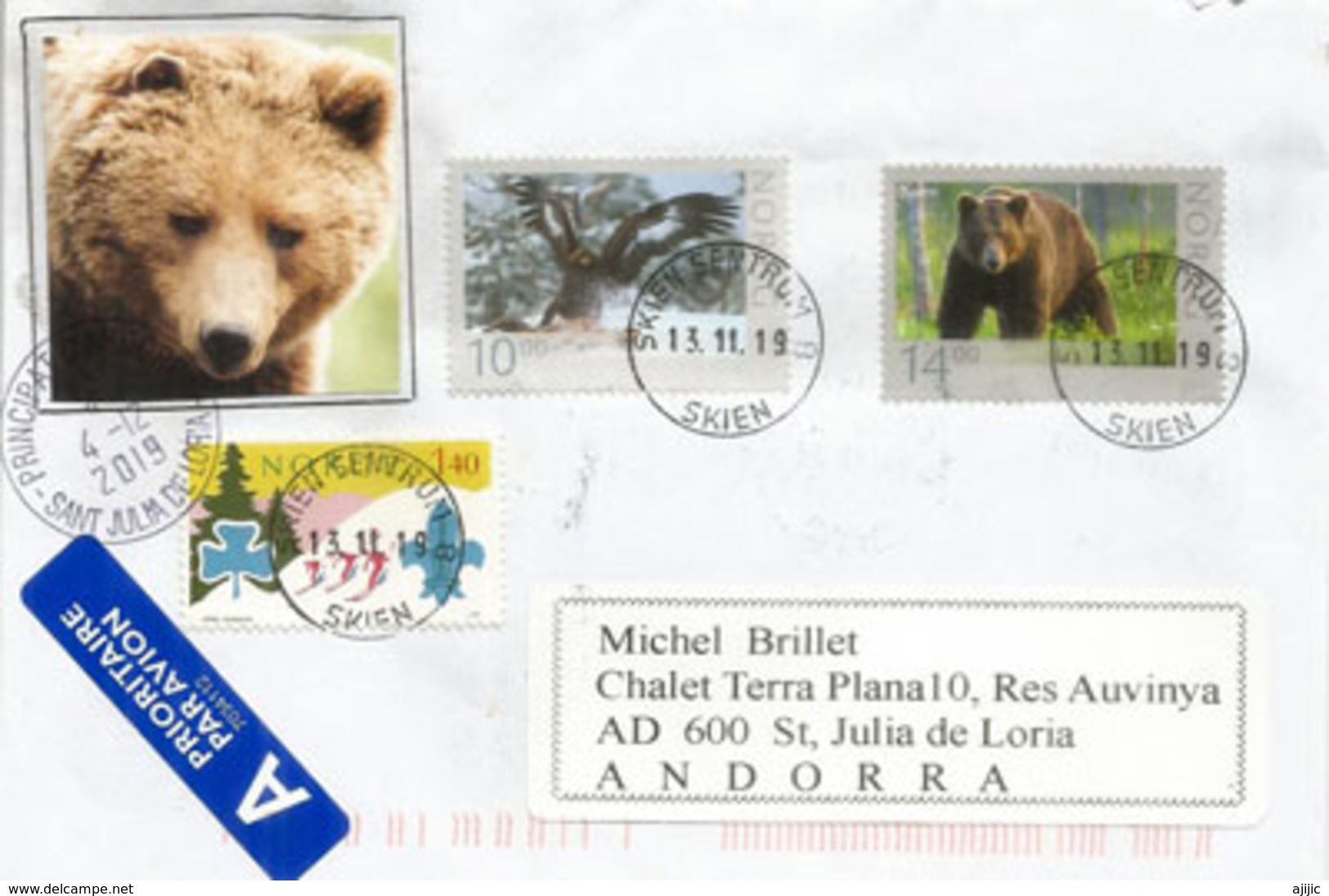 La Faune De Norvège (Ours Brun & L'Aigle De Mer) Sur Lettre 2019 Adressée Andorra, Avec Timbre à Date Arrivée - Lettres & Documents