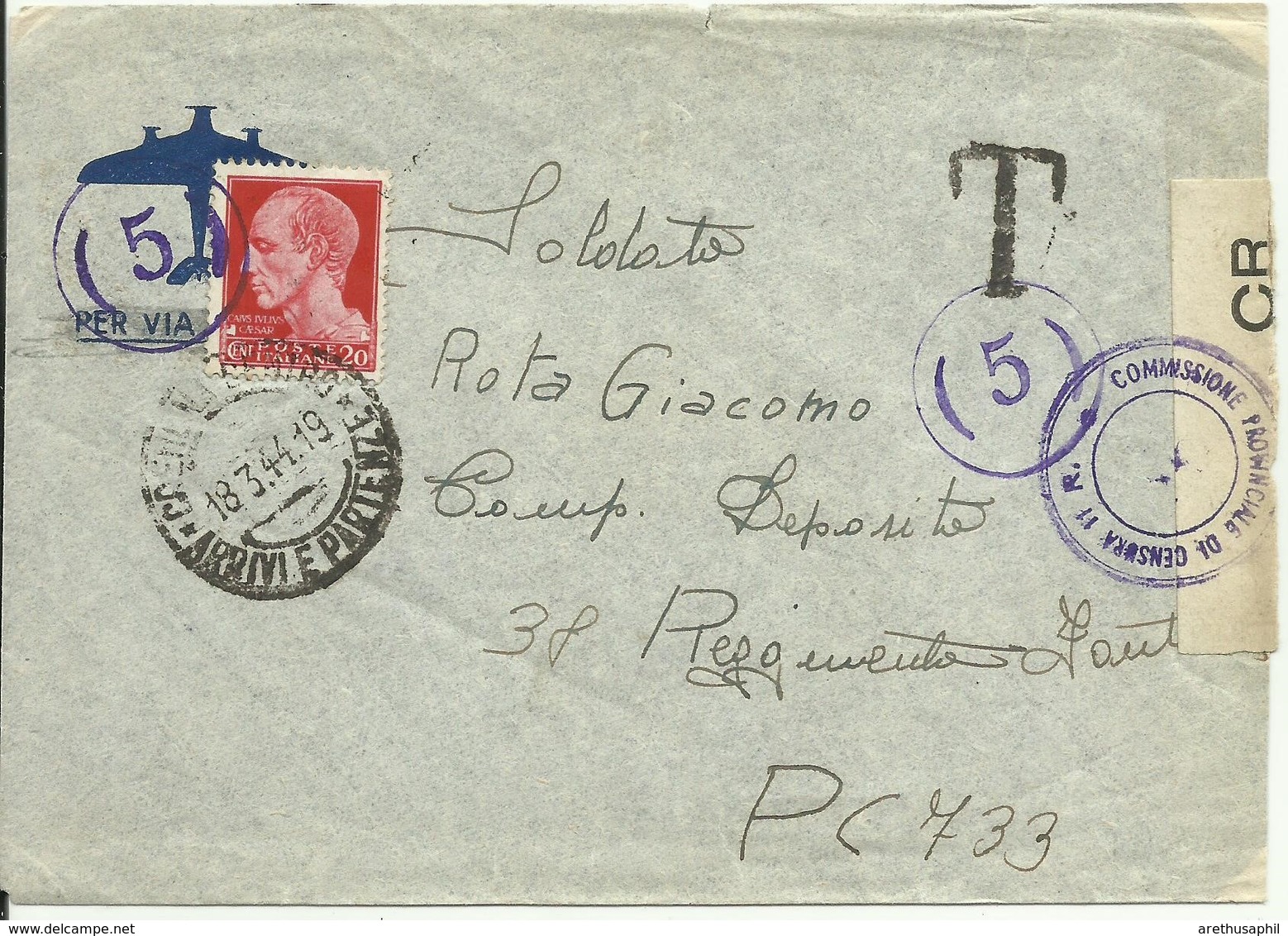 AZ23-Lettera A Militare Con 20 Cent. Imperiale 18.03.1944 - Tassata - Diretta A Posta Da Campo 733 - Bella - Storia Postale
