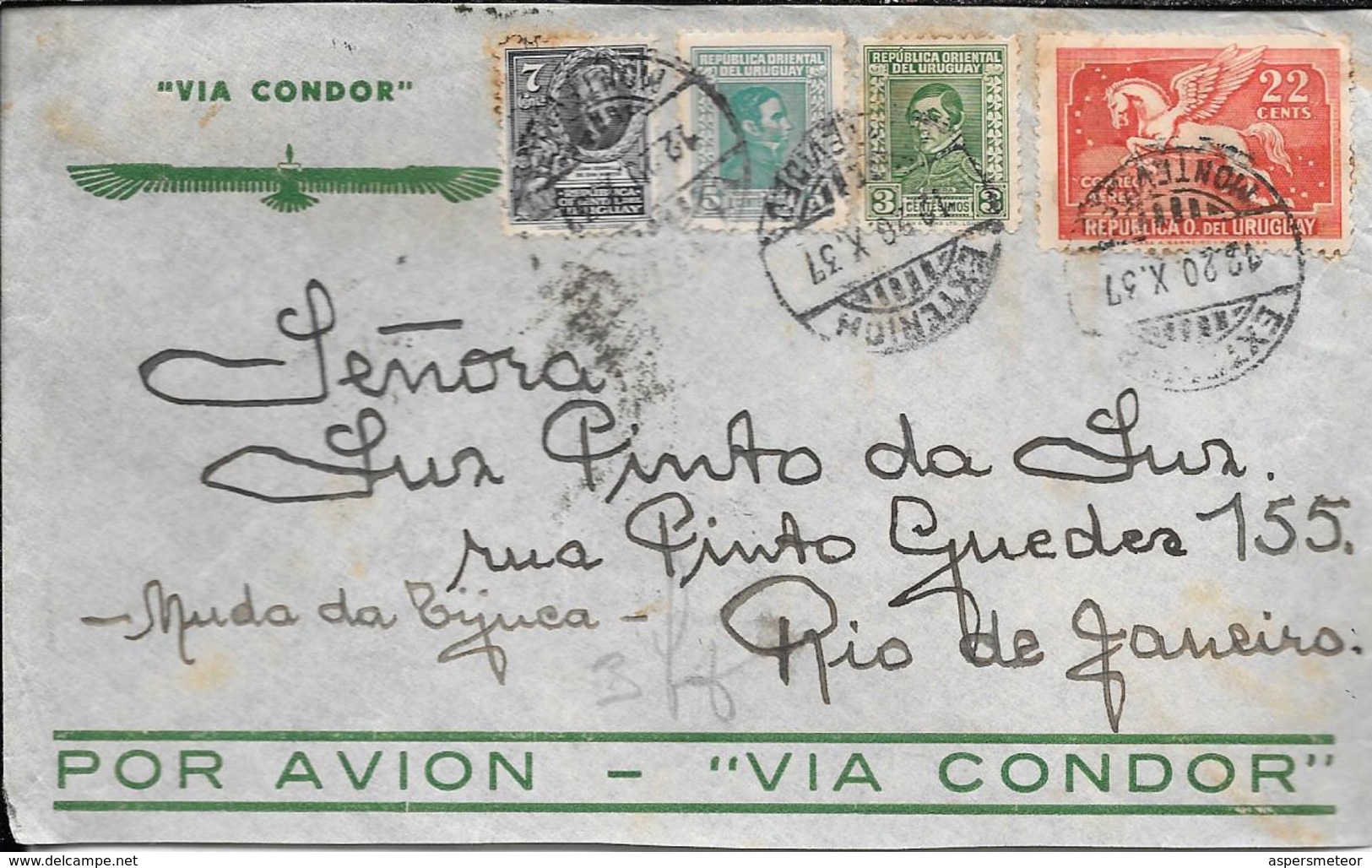 EL MINISTRO RAMOS MONTERO EN MONTEVIDEO AÑO 1937 LE REMITE ESTE SOBRE POR CORREO AEREO VIA CONDOR A LUZ PINTO DA LUZ EN - Uruguay