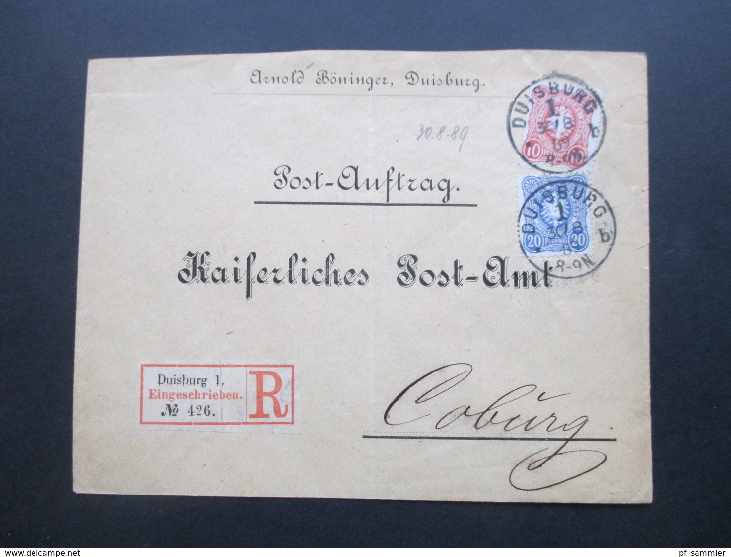 DR 1889 MiF Nr. 41 U. 42 R-Zettel Eingeschrieben Duisburg 1 Postauftrag An Das Kaiserliche Postamt Zu Coburg - Covers & Documents