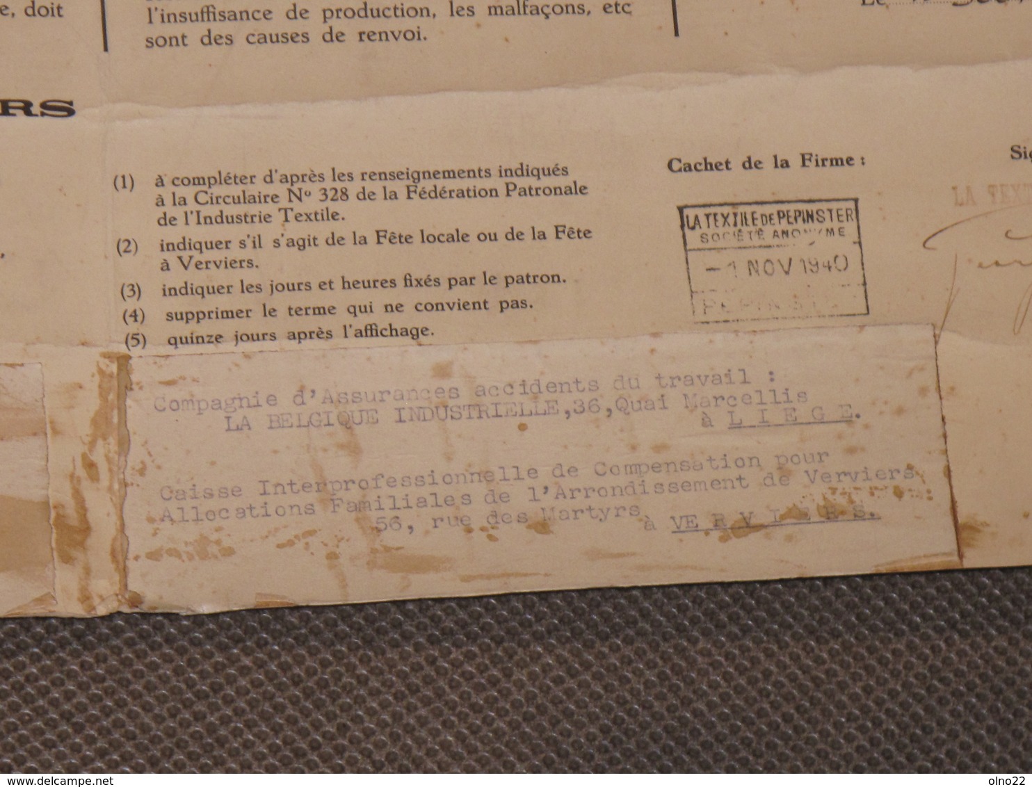 PEPINSTER - ETS LA TEXTILE DE PEPINSTER - REGLEMENT D'ATELIER LOI 15/6/1896- CACHET DE 1940+ACTION+PARTICIPATION CAPITAL - Documents Historiques
