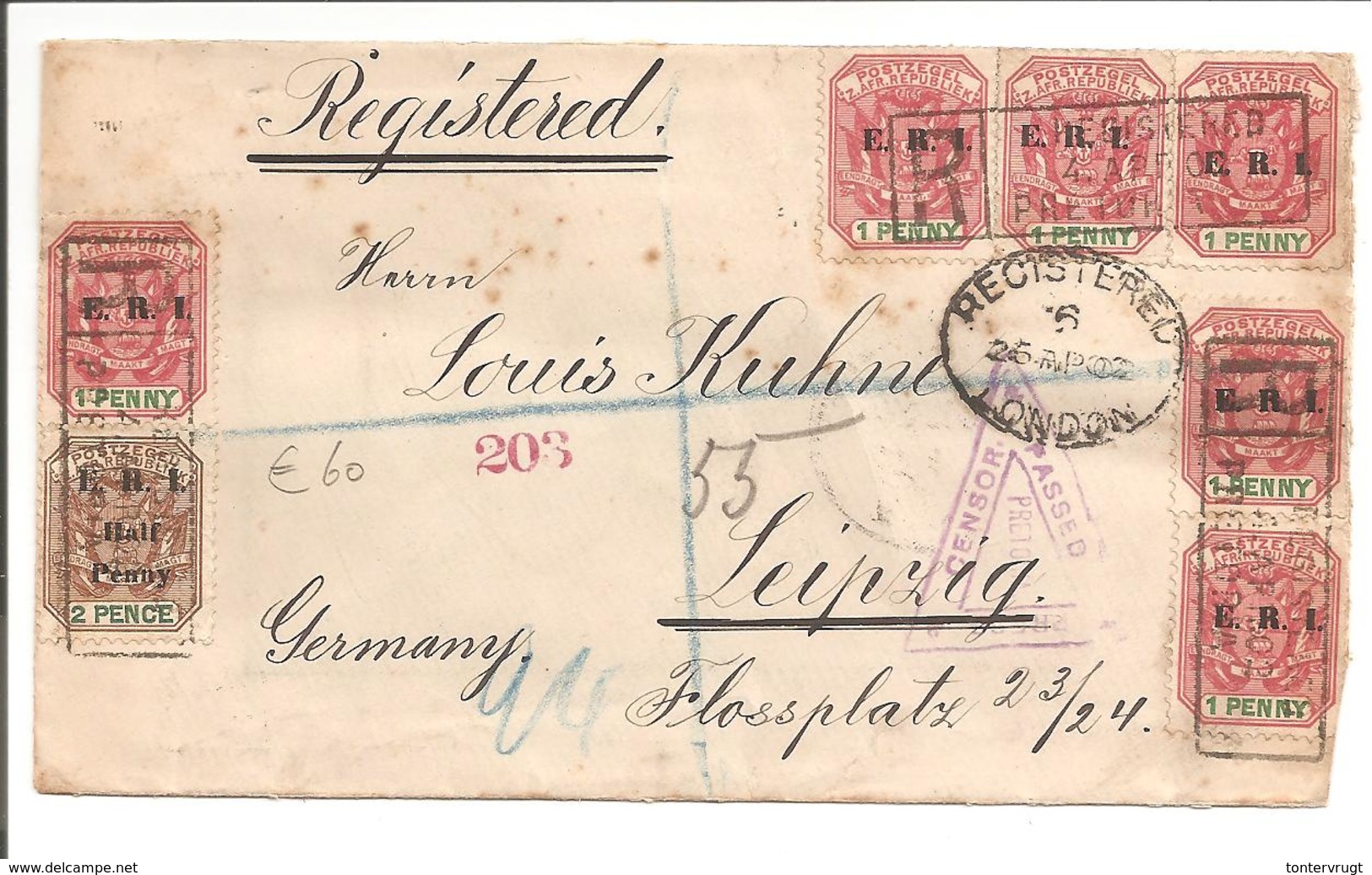 Transvaal E.R.I. OVPT. Censored Boer War Registered Pretoria Triangel Via London To Leipzig Deutschland - Transvaal (1870-1909)