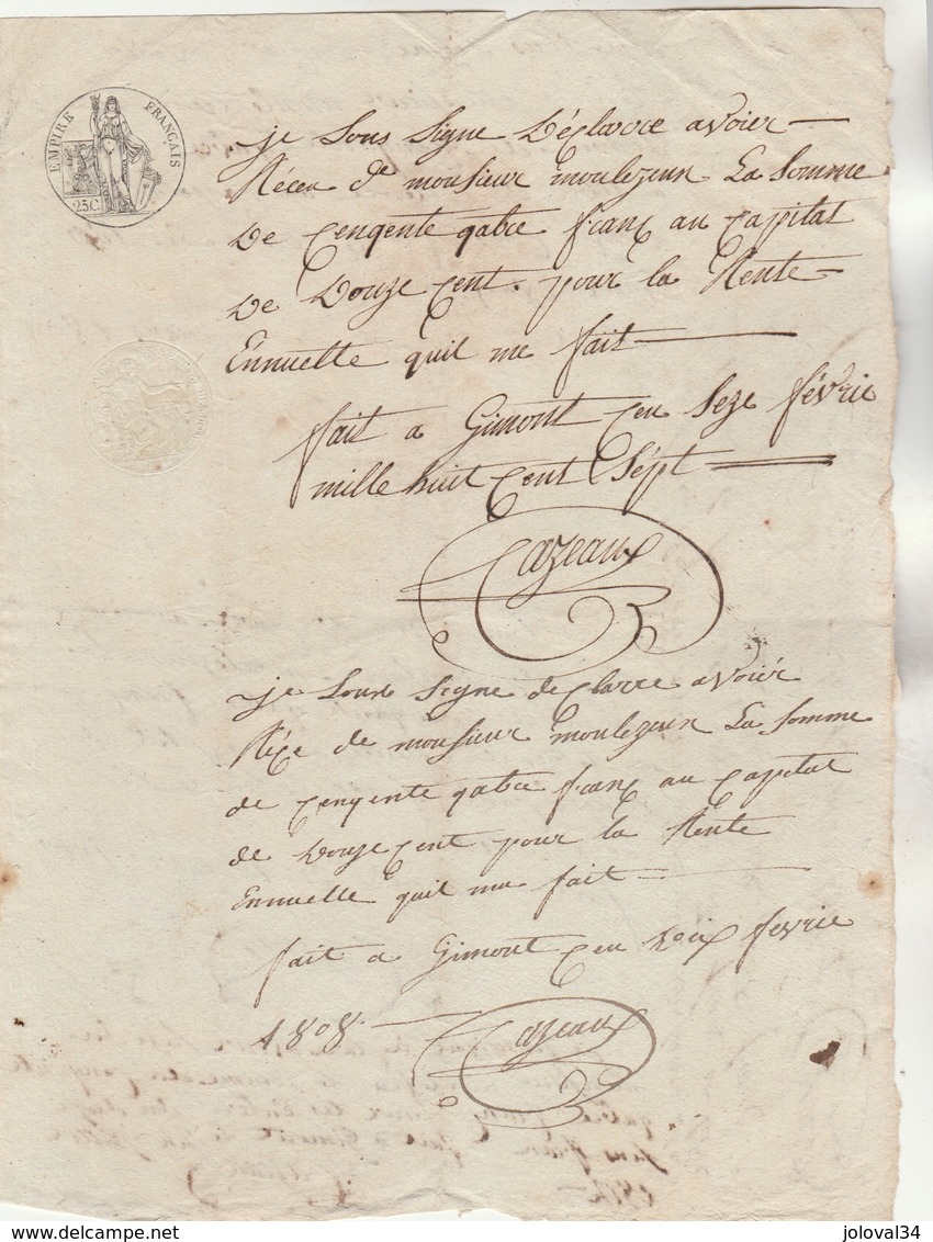 16/2/1807 à 13/3/1811 Reçus Manuscrit De Montlezun Cazeaux Gimont Gers  Filigrane Timbre National - Manuscrits