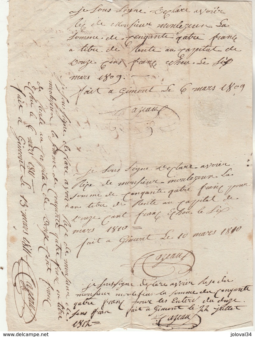 16/2/1807 à 13/3/1811 Reçus Manuscrit De Montlezun Cazeaux Gimont Gers  Filigrane Timbre National - Manuscrits