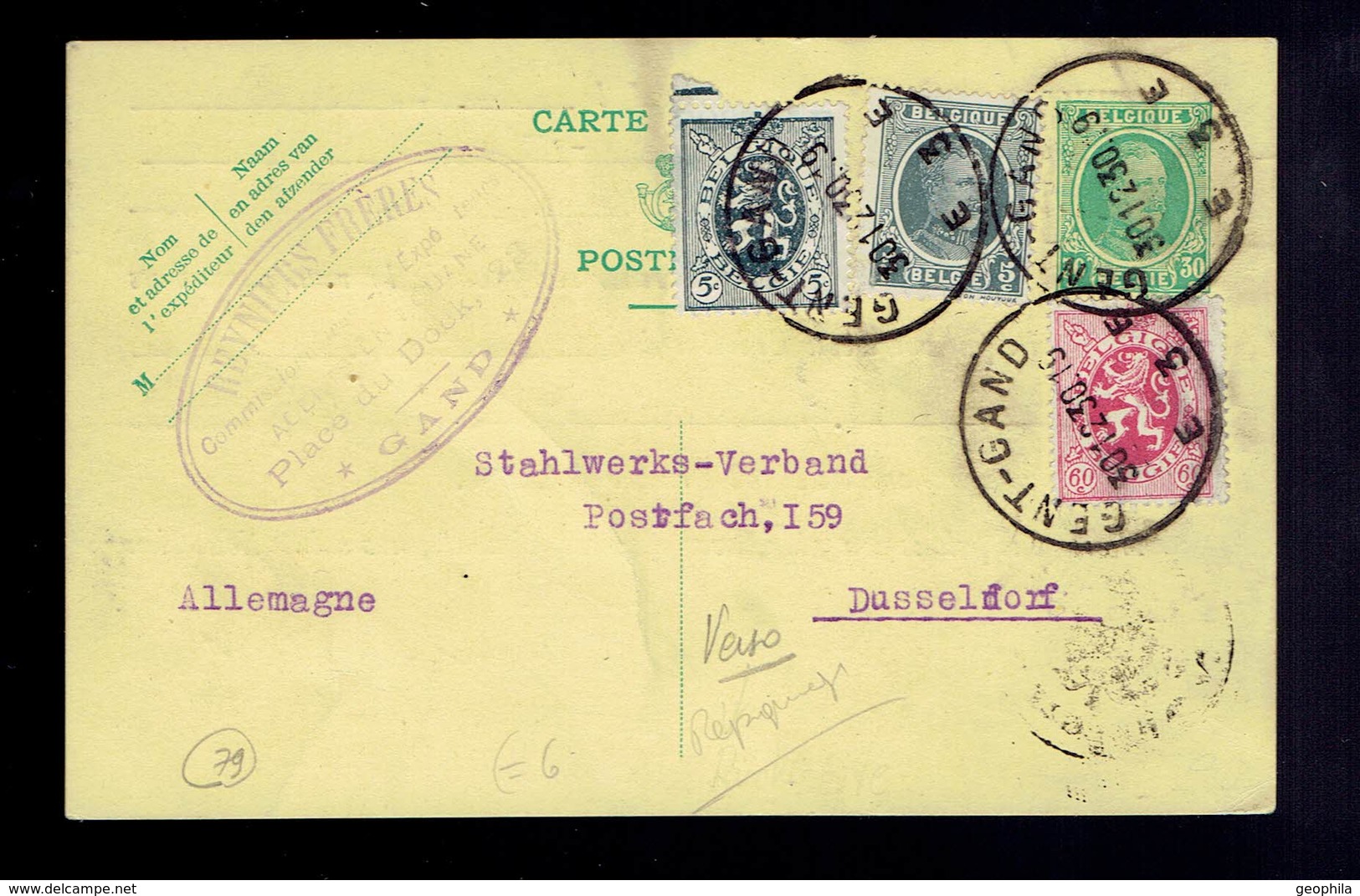 COB 193 + 279 + 286 / CP 79 Gent 30.12.30 => Dusseldorf ( All. ) Repiquage Reyniers Frères Au Verso - Cartes Postales 1909-1934