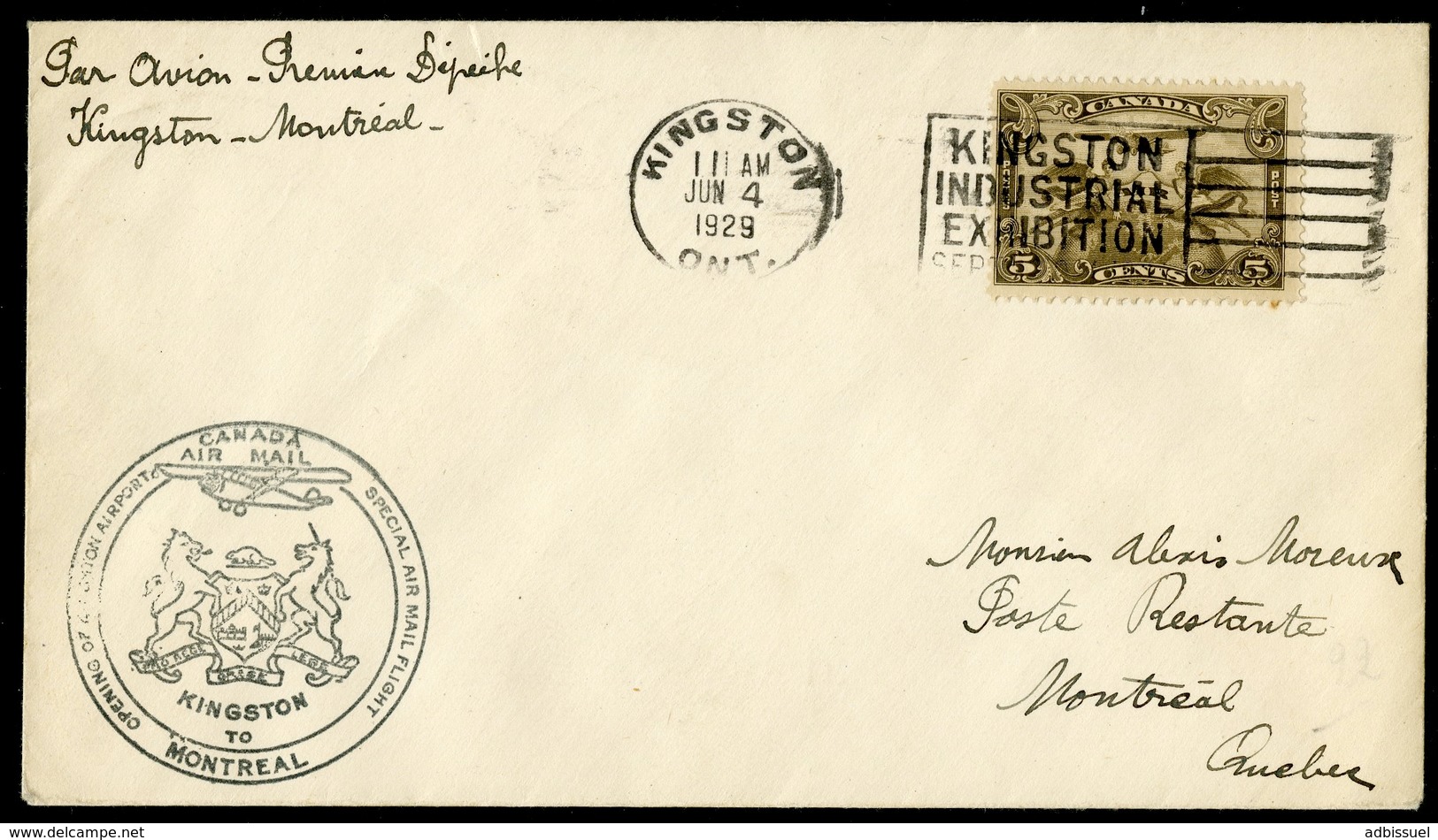 1929 PREMIER VOL / FIRST FLIGHT KINGSTON MONTREAL. Poste Aérienne N°2 (Cote 25€ Détaché) - Primi Voli