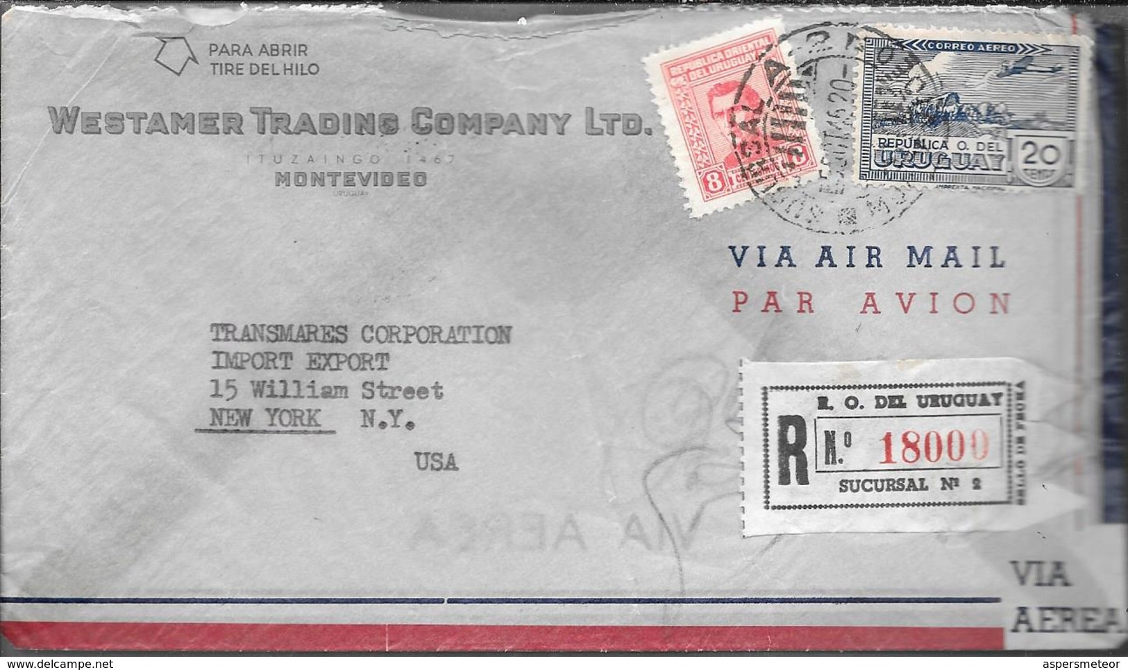 WESTANER TRADING COMPANY LTD. MONTEVIDEO URUGUAY REGISTERED AIR MAIL A TRANSMARES CORPORATION NEW YORK USA 1945 - Uruguay