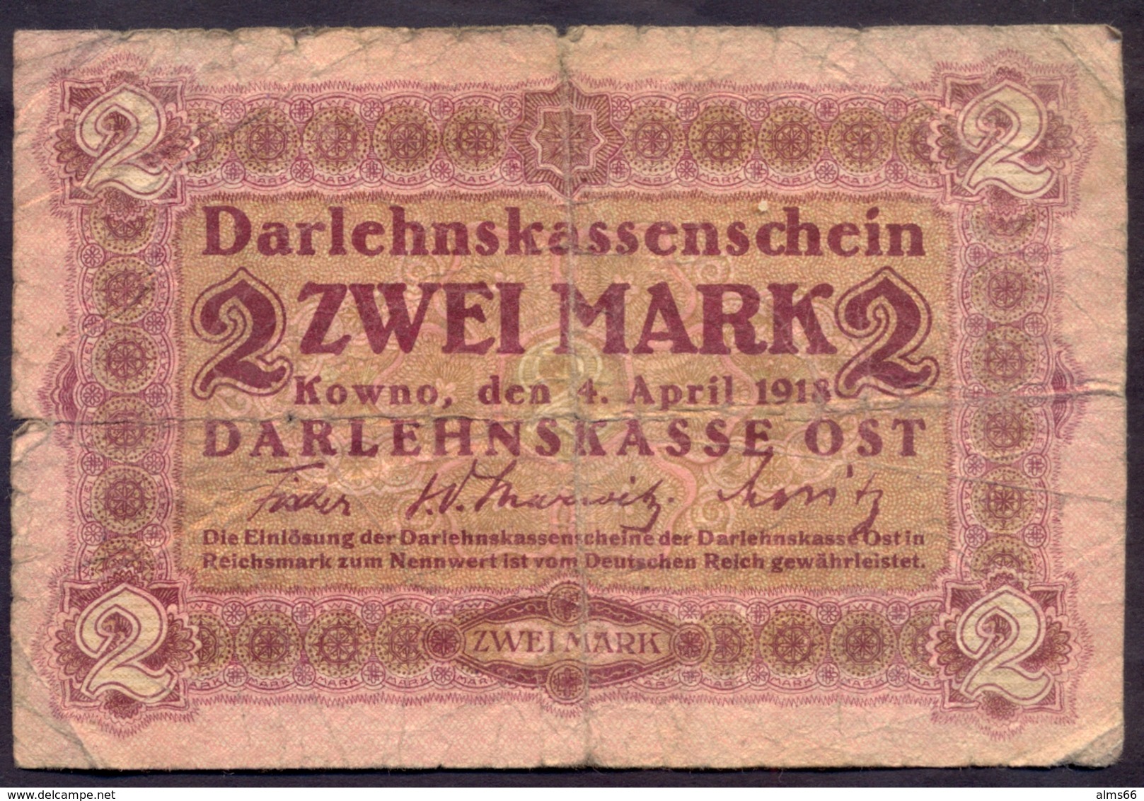 Germany Lithuania - 2 Mark 1918 F Kowno # P- R129 RARE - Primera Guerra Mundial