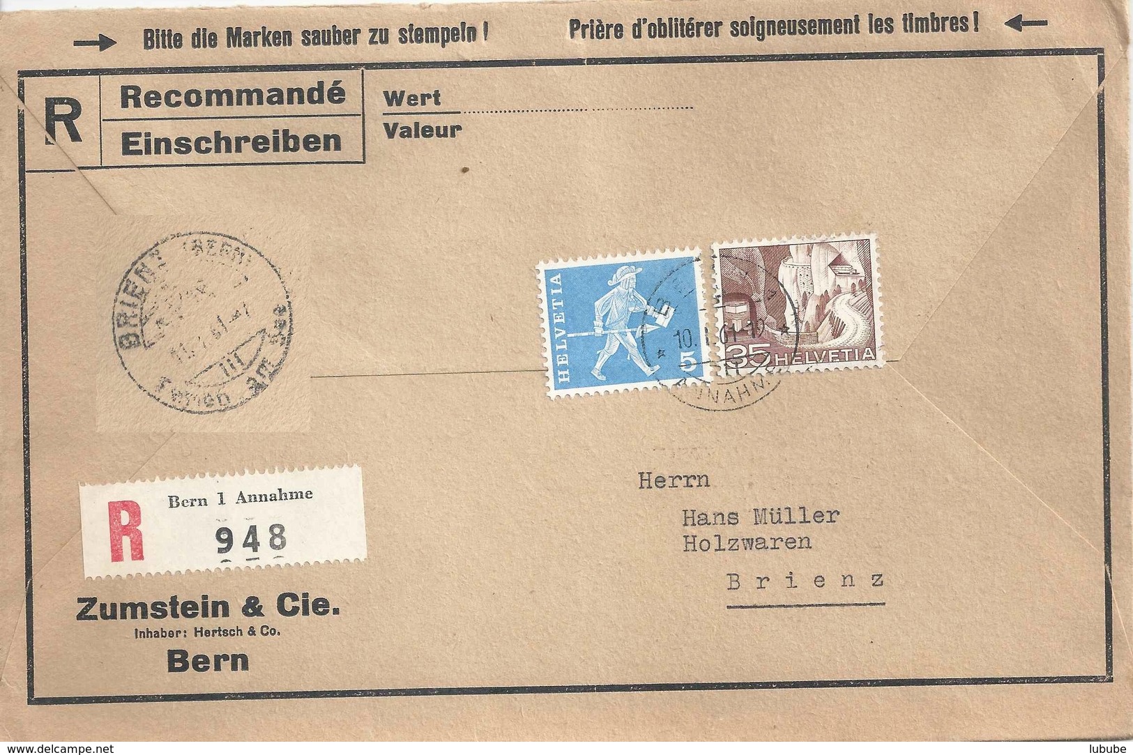 R Brief  "Zumstein Bern" - Brienz            1961 - Storia Postale