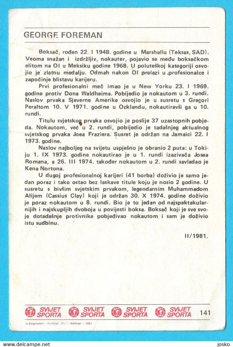 GEORGE FOREMAN - Yugoslavia Vintage Card Svijet Sporta * Boxing Boxe Boxeo Boxen Pugilato Boksen USA - Trading-Karten
