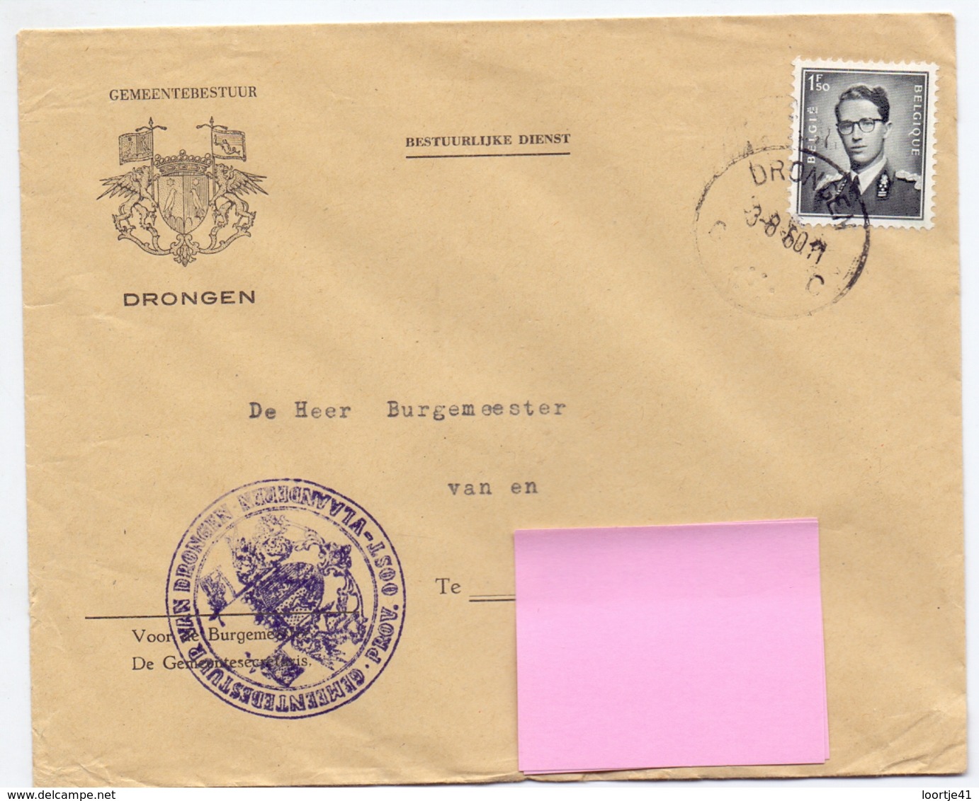 Omslag Enveloppe - Gemeentebestuur Drongen - Stempel Cachet 1960 - Briefe