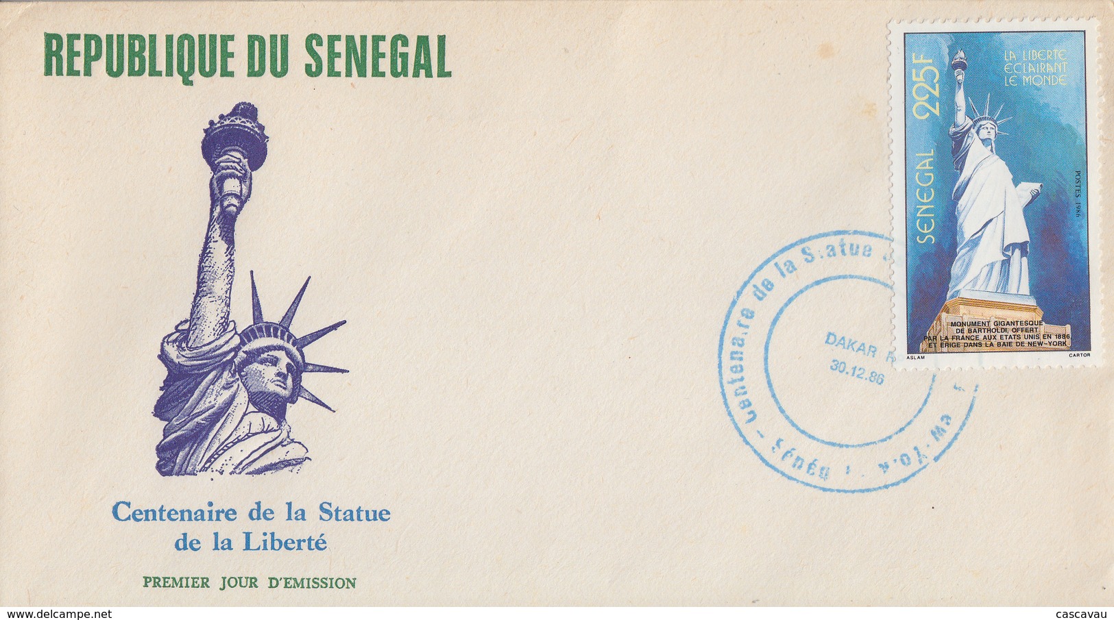 Enveloppe FDC  1er JOUR    SENEGAL    Statue  De  La  LIBERTE   1986 - Sénégal (1960-...)