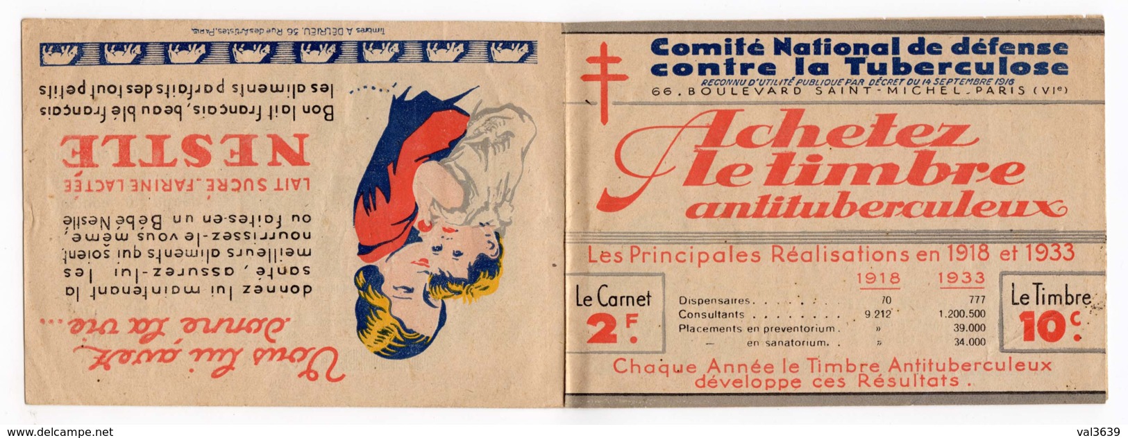 Carnet Complet De 20 Vignettes Neuves Antituberculeux 1933 Avec Publicité Nestlé Et Heudebert - Antitubercolosi