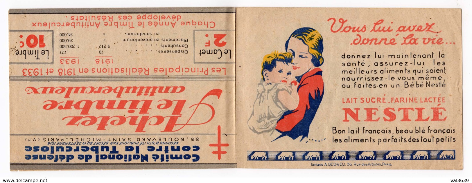 Carnet Complet De 20 Vignettes Neuves Antituberculeux 1933 Avec Publicité Nestlé Et Heudebert - Antitubercolosi