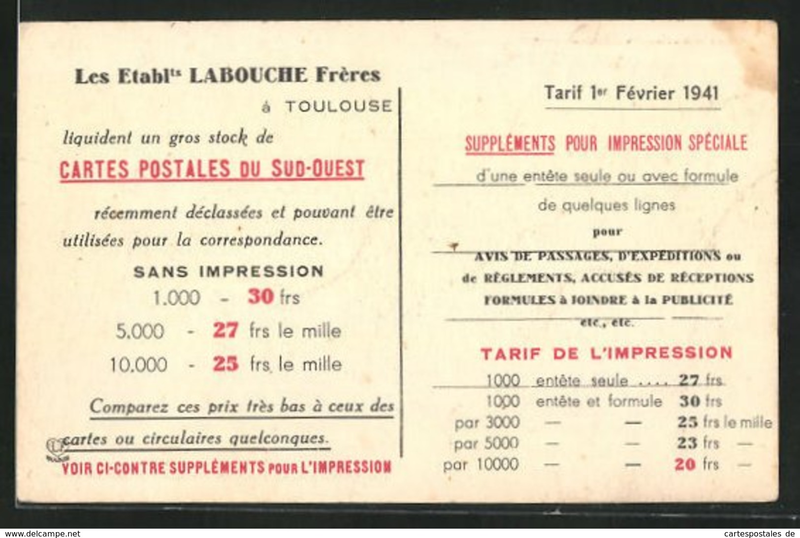 AK-Reklame Toulouse, Les Etablts. Labouche Frères, Tarif 1er Février 1941 - Autres & Non Classés