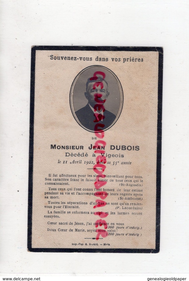 19 - VIGEOIS - CARTE AVEC PHOTO  JEAN DUBOIS DECEDE LE 11 AVRIL 1922- JESUS CHRIST SUR LA CROIX   -    CORREZE - Documenti Storici