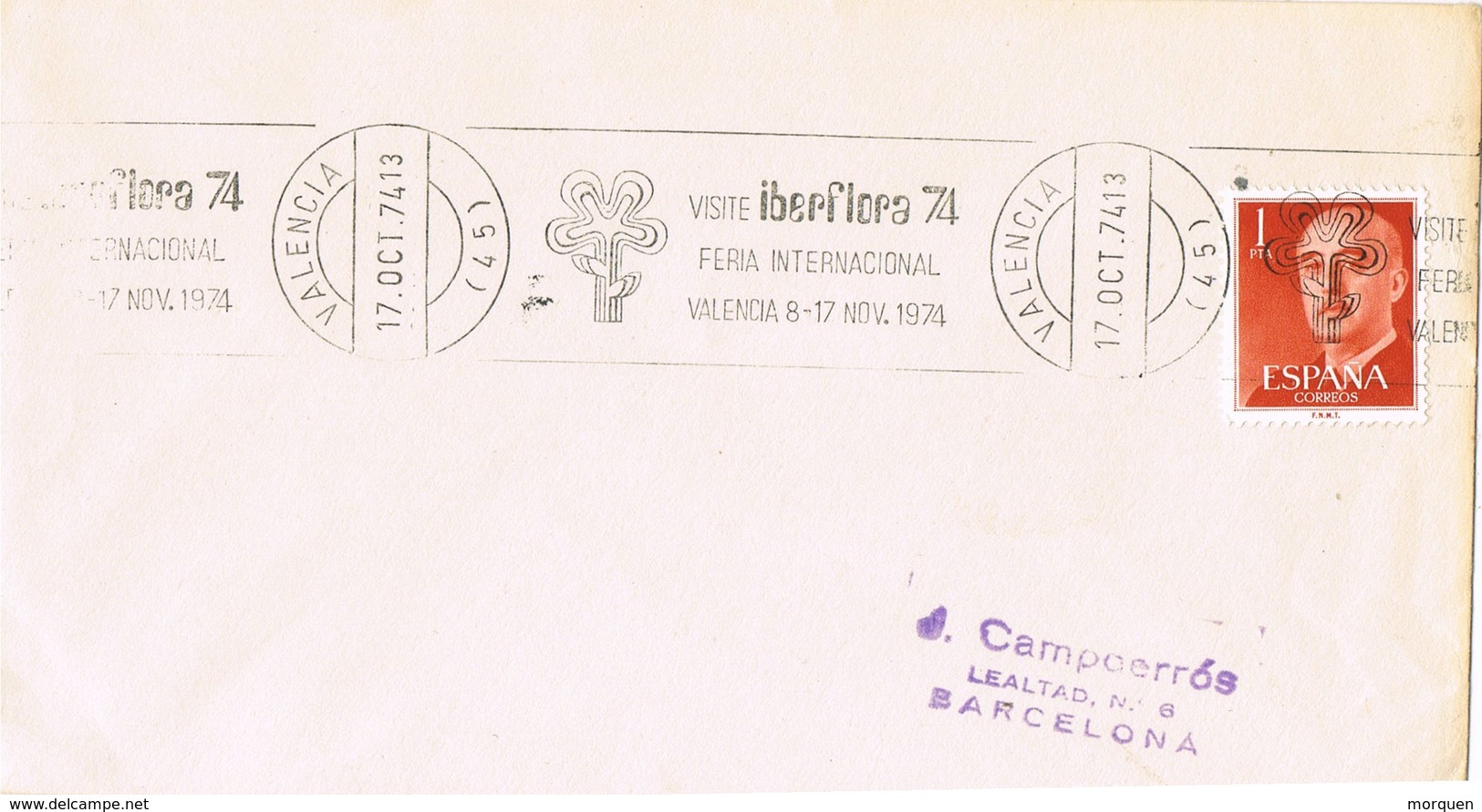 34922. Carta VALENCIA 1974. Rodillo Especial Feria Internacional IBERFLORA - Cartas & Documentos