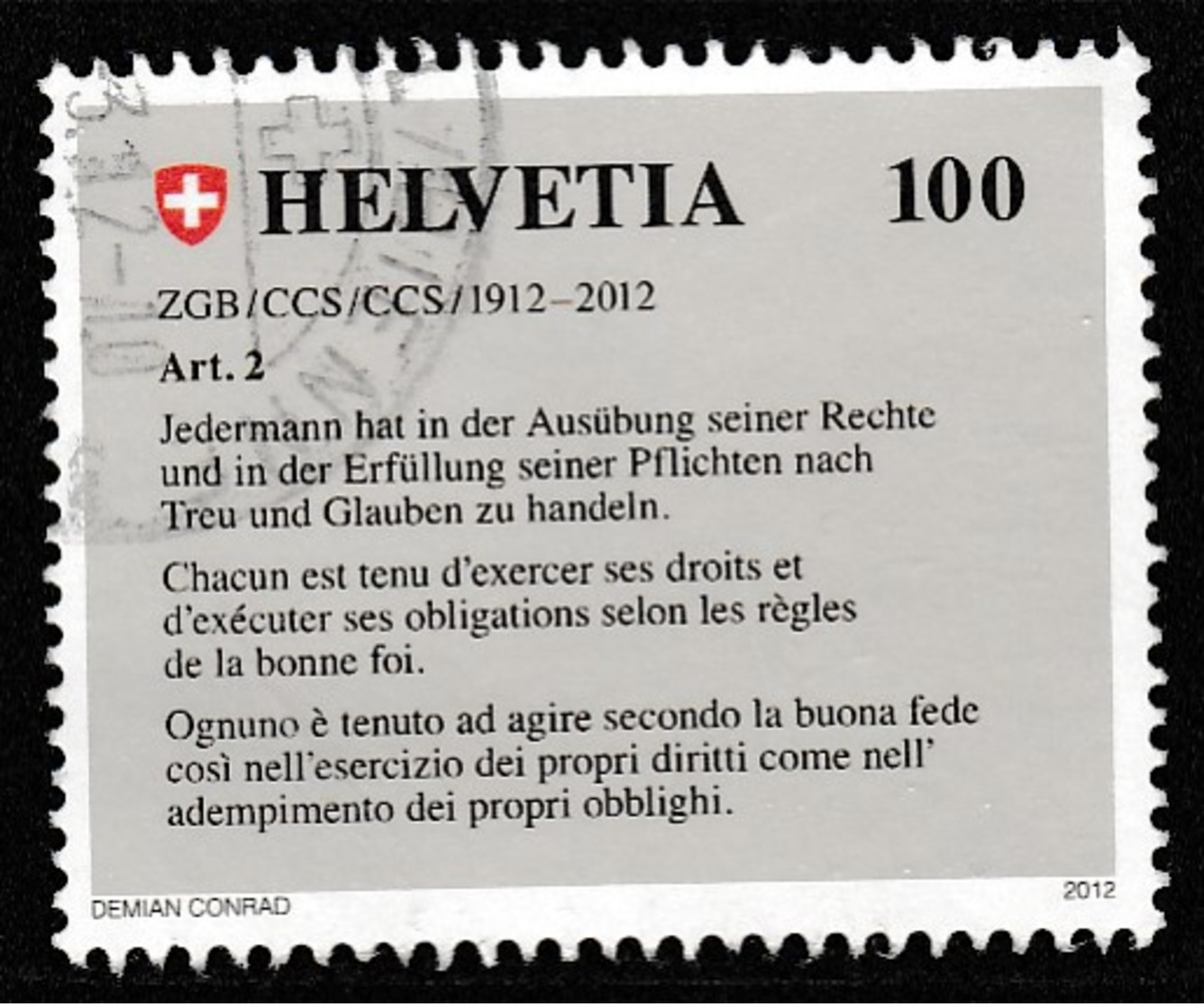 Switzerland 2012 The 100th Anniversary Of The Swiss Civil Code 100 C Multicolored SW 2230 O Used - Usati