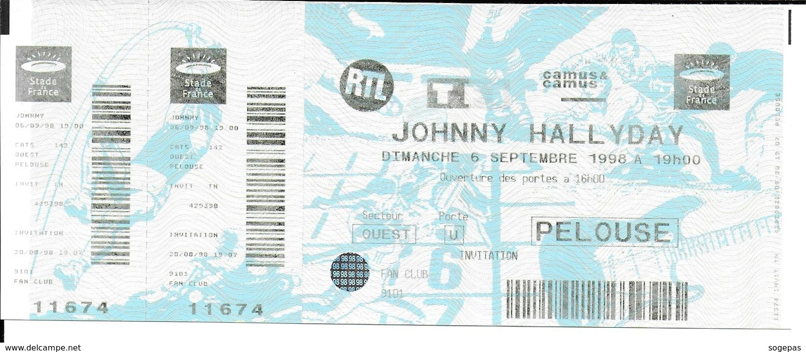 JOHNNY HALLYDAY SUPERBE PLACE CONCERT STADE DE FRANCE 1998 FAN CLUB NEUVE AVEC CONTREMARQUE - Konzertkarten