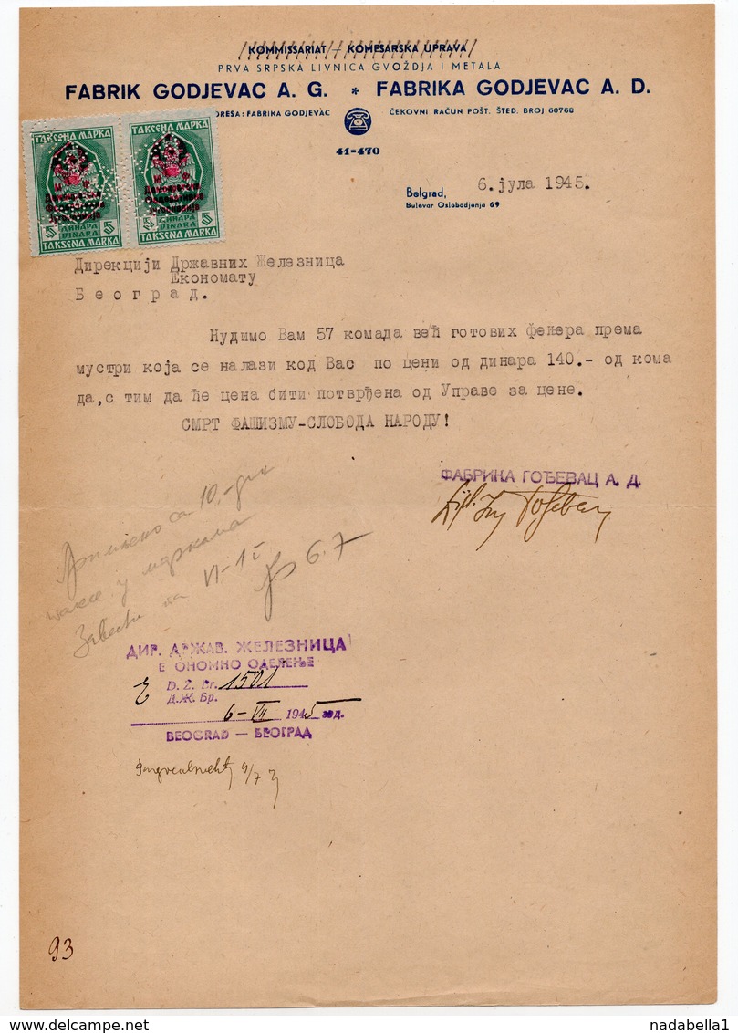 06.04.1945 YUGOSLAVIA, SERBIA, FABRIK GODJEVAC A.G., OFFER ON COMPANY HEADED PAPER, 2 REVENUE STAMPS - Covers & Documents