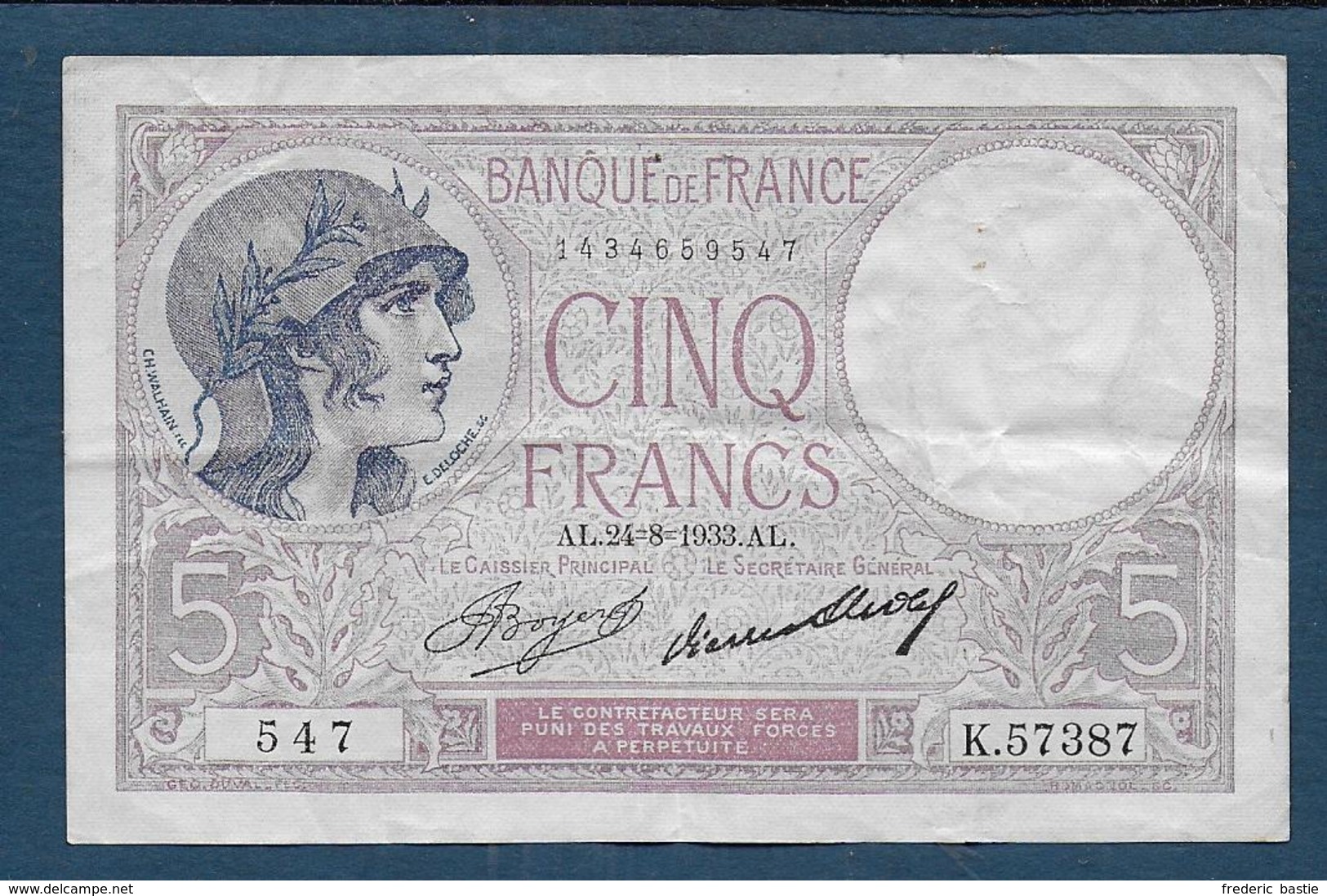 Billet 5 Francs Violet Du  24 - 8 - 1933 - 5 F 1917-1940 ''Violet''