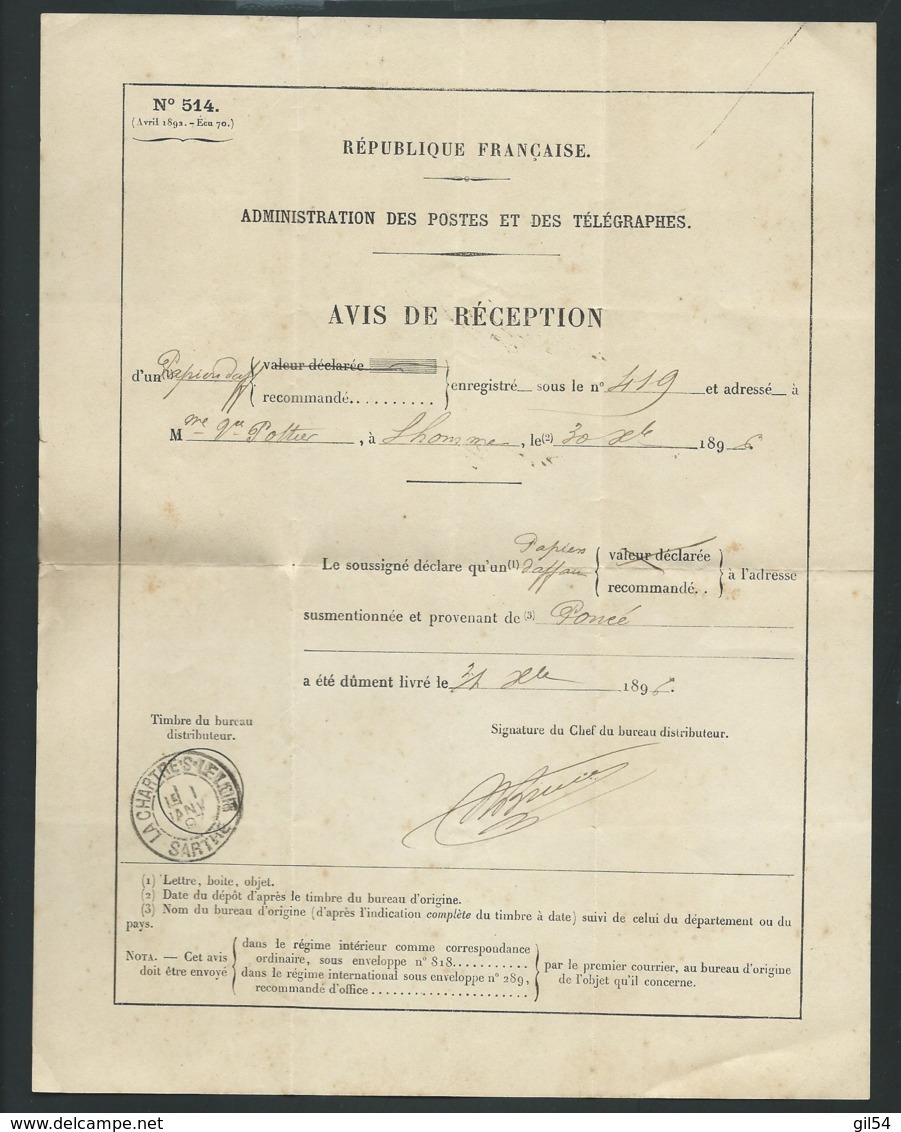 Avis De Reception  , Oblitéré Cachet  Type 84 D'arrivée Ponce / Sarthe  ( Poncé Sur Le Loir )  En Janv 1897  PB17104 - 1801-1848: Précurseurs XIX