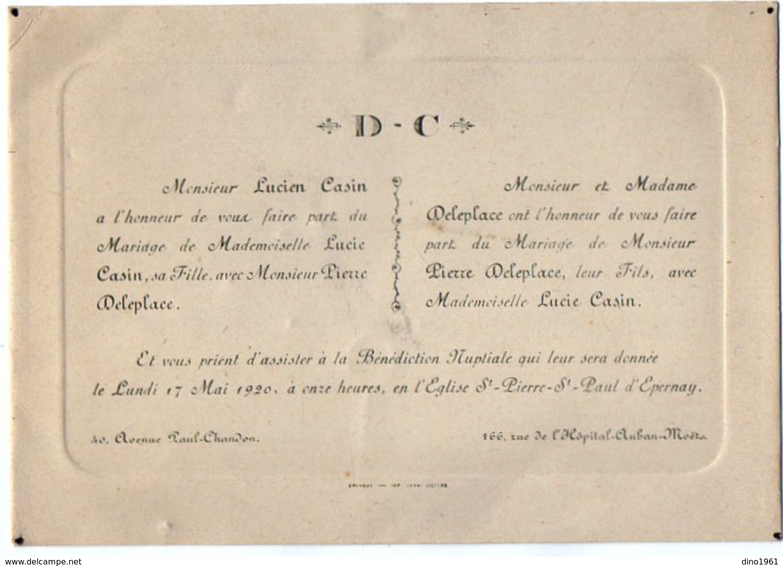 VP16.256 - EPERNAY X QUERIGUT 1920 - Faire -part De Mariage De Mr Pierre DELEPLACE & Melle Lucie CASIN - Mariage