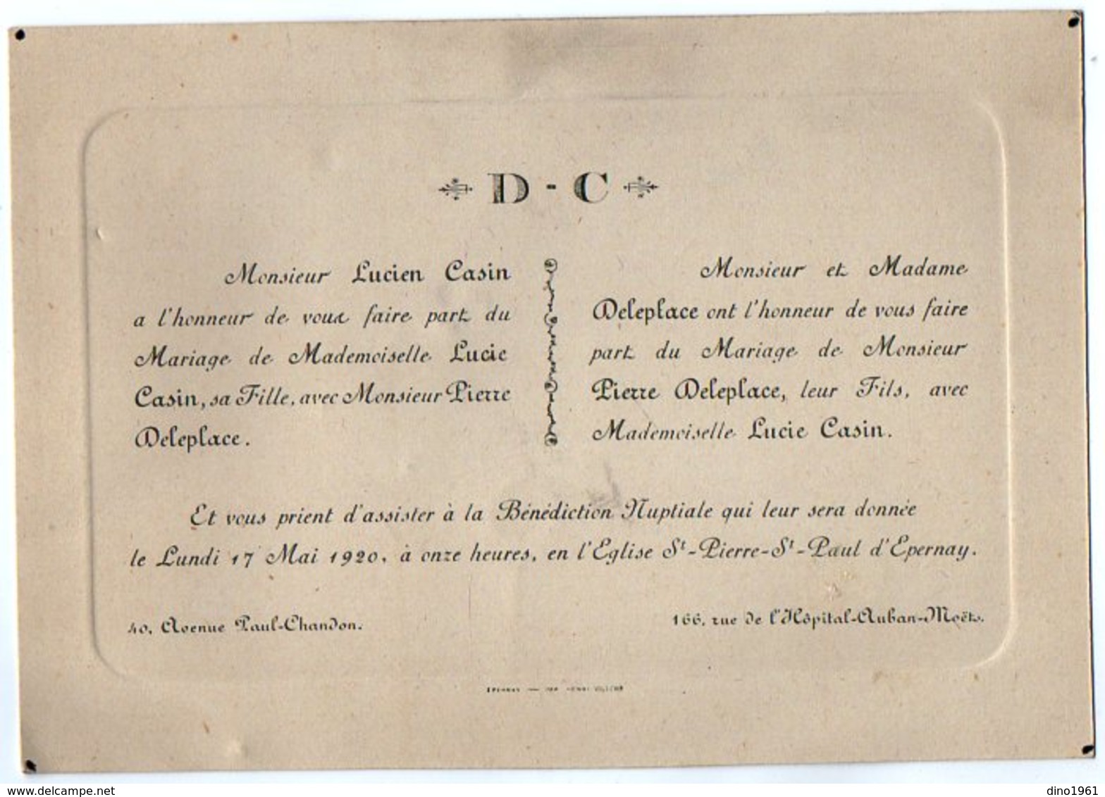 VP16.257 - EPERNAY X QUERIGUT 1920 - Faire -part De Mariage De Mr Pierre DELEPLACE & Melle Lucie CASIN - Wedding
