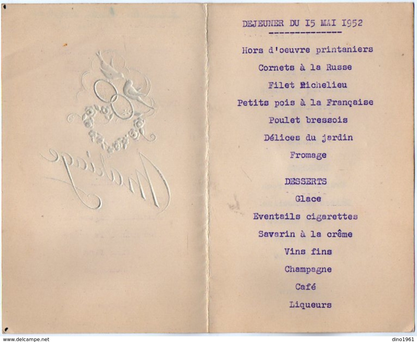 VP16.260 - 1952 - Menu De Mariage - Melle Mireille DELEPLACE - Menu