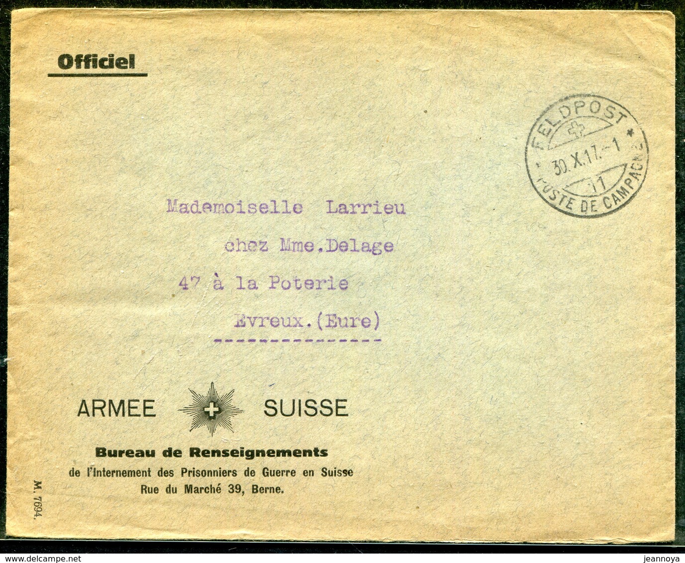 SUISSE - LETTRE OBL. " FELDPOST / POSTE DE CAMPAGNE N° 11, LE 30/10/1917 " - TB - Abstempelungen