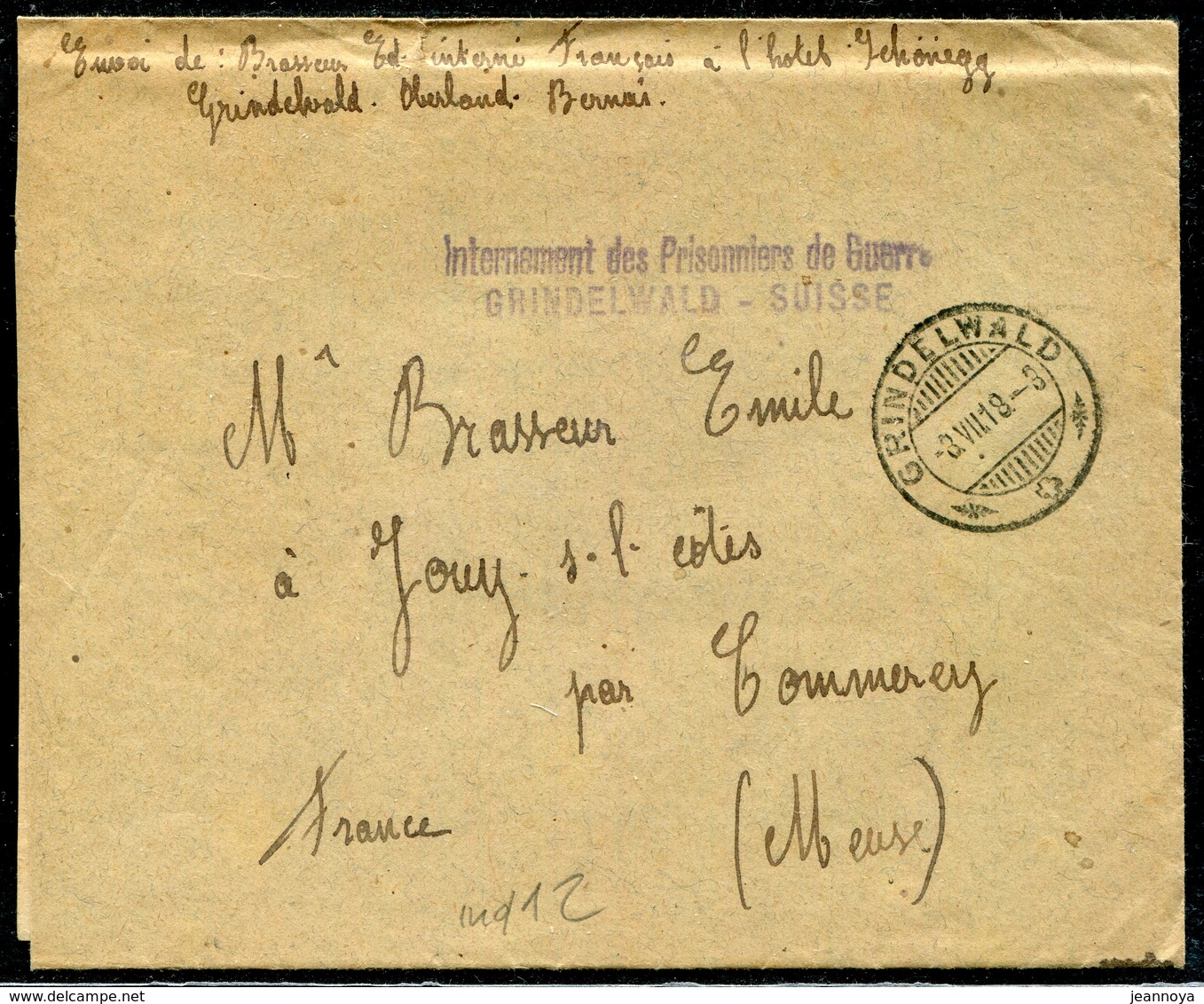 SUISSE - LETTRE OBL. GRINDELWALD LE 3/7/1918 & " INTERNEMENT DES PRISONNIERS DE GUERRE / GRINDELWALD - SUISSE " - TB - Postmarks