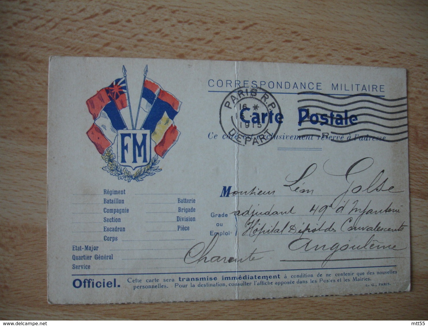 Carte Franchise F M 5 Drapeau Coin Gauche Franchise Postale Guerre 14.18 - Guerre De 1914-18