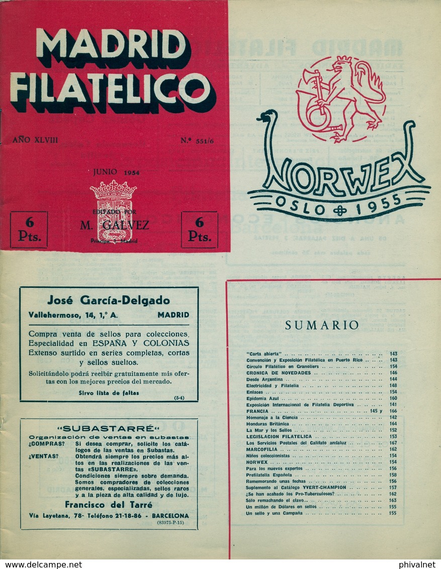 1954 . MADRID FILATÉLICO , AÑO XLVIII , Nº 551 / 6 , EDITADA POR M. GALVEZ - Espagnol (desde 1941)