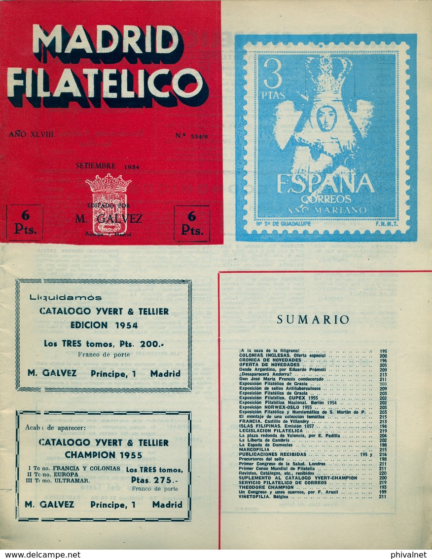 1954 . MADRID FILATÉLICO , AÑO XLVIII , Nº 554 / 9 , EDITADA POR M. GALVEZ - Spanish (from 1941)