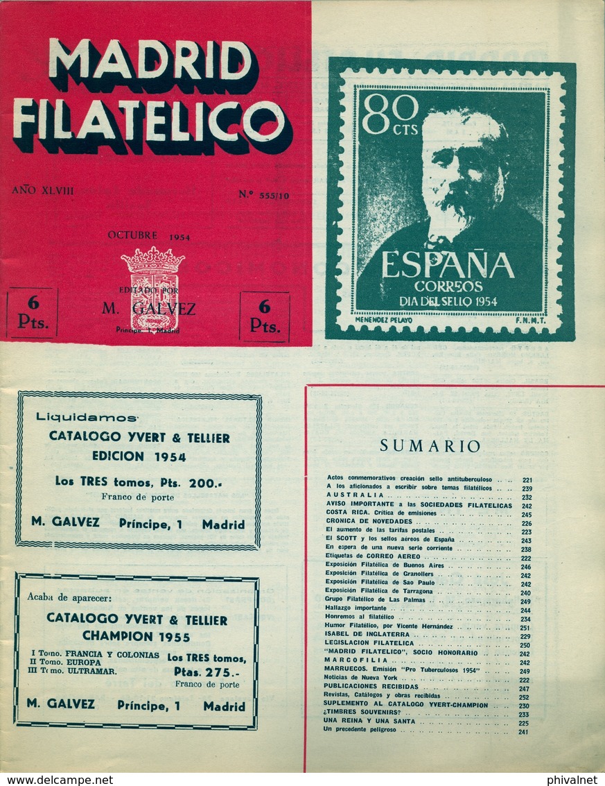 1954 . MADRID FILATÉLICO , AÑO XLVIII , Nº 555 / 10 , EDITADA POR M. GALVEZ - Spaans (vanaf 1941)