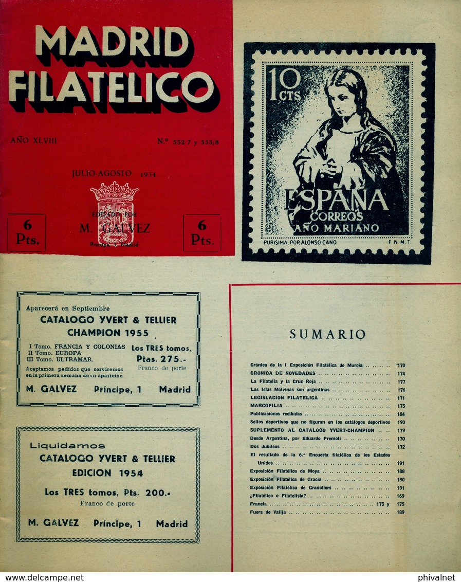 1954 . MADRID FILATÉLICO , AÑO XLVIII , Nº 5552 / 7 Y 553 / 8 , EDITADA POR M. GALVEZ - Spagnole (dal 1941)