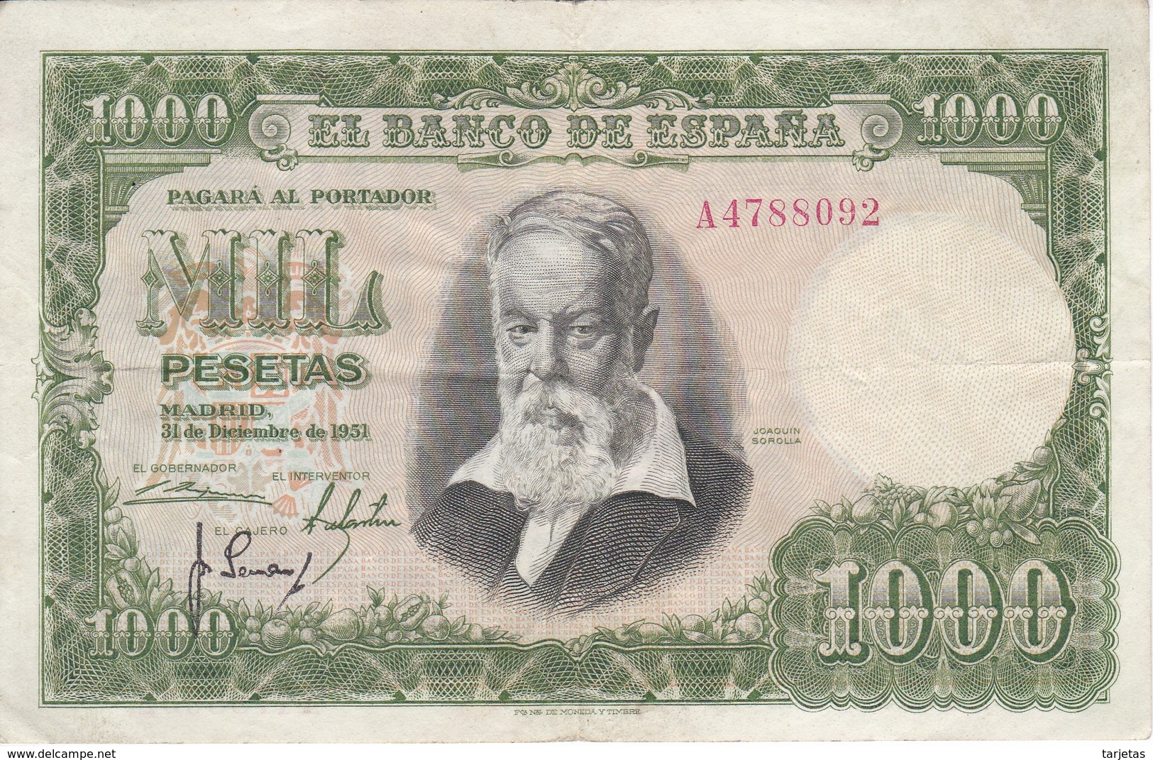 BILLETE DE ESPAÑA DE 1000 PTAS DEL 31/12/1951 SERIE A CALIDAD MBC (VF) (BANKNOTE) - 1000 Pesetas