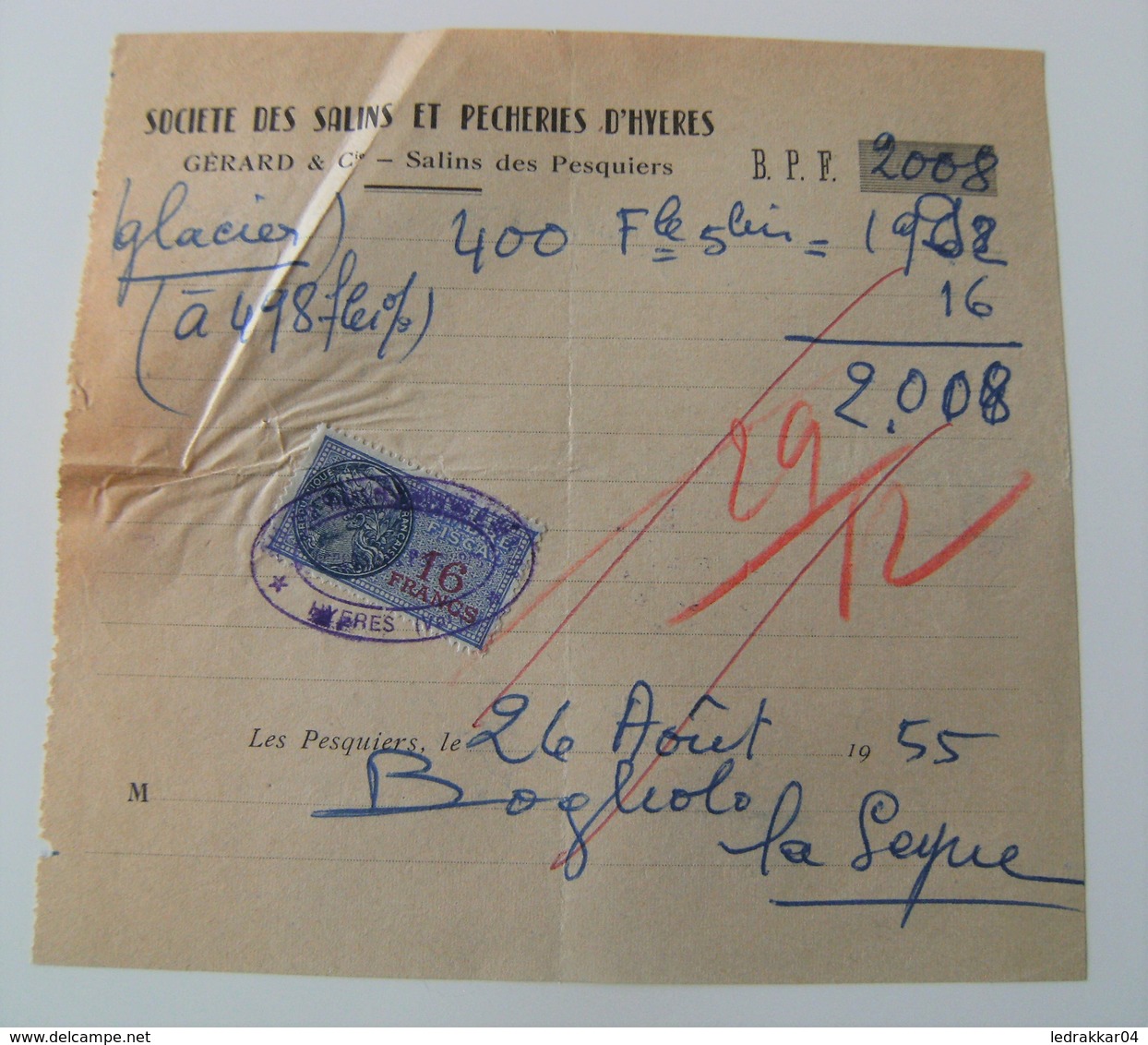 Lot Vieux Papiers Société Des Salins Et Pêcherie De Hyères 1955 Timbre 16frs 8fr - Petits Métiers