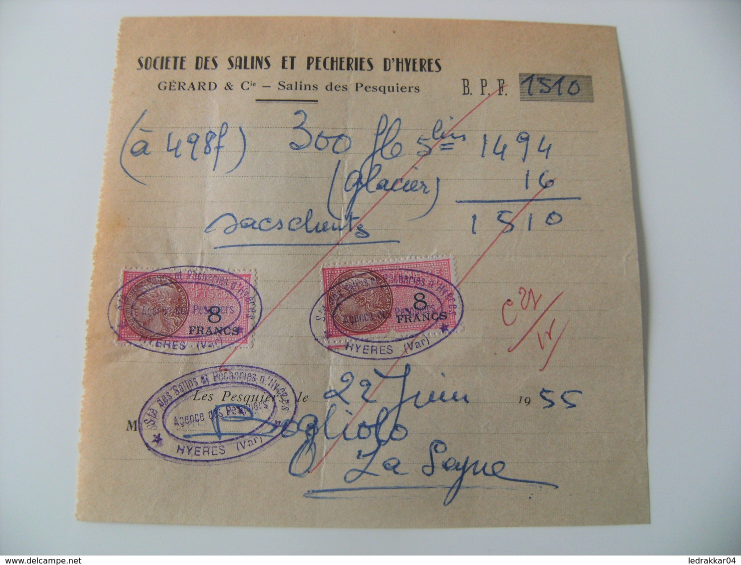 Lot Vieux Papiers Société Des Salins Et Pêcherie De Hyères 1955 Timbre 16frs 8fr - Petits Métiers