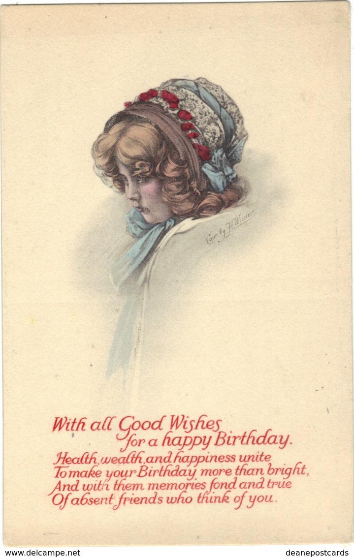 Children - Artist Drawn, Child Wearing A Hat,   Light Blue Ribbon, 'with All Good Wishes' - Other & Unclassified