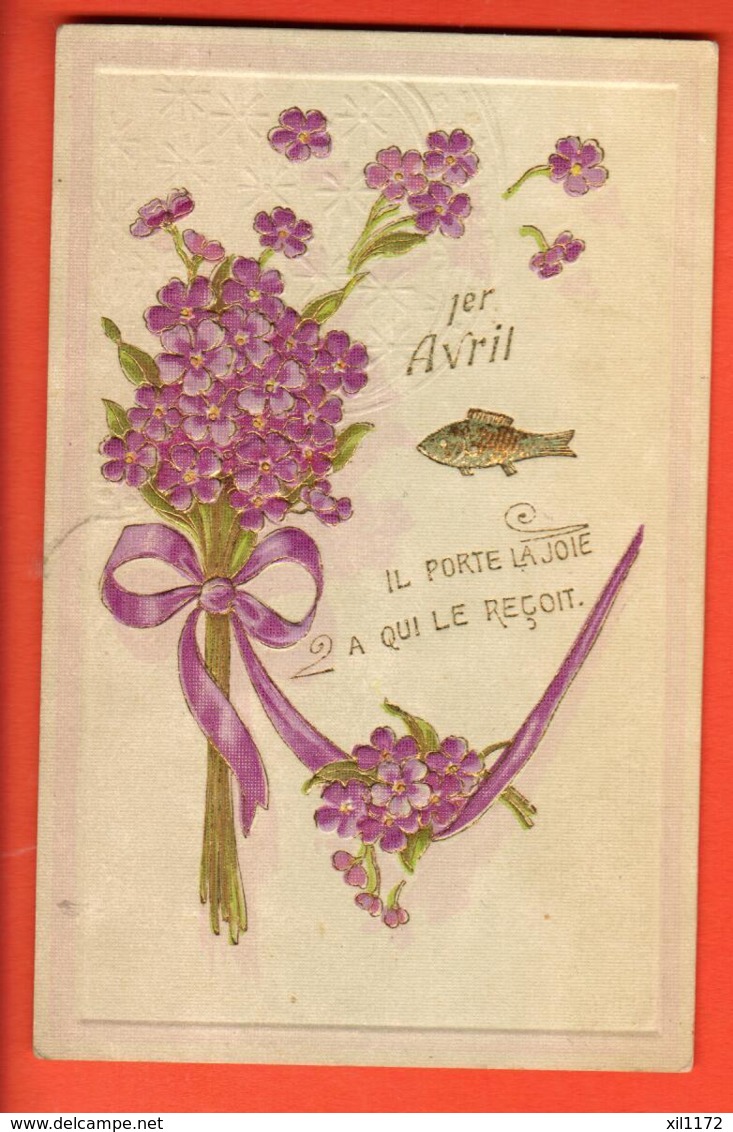 KAJ-34 Poisson Du 1er Avril, Il Porte La Joie à Celui Qu La Reçoit. Bouquet De Fleurs, En Relief, Geprägt. Circulé Envel - 1er Avril - Poisson D'avril