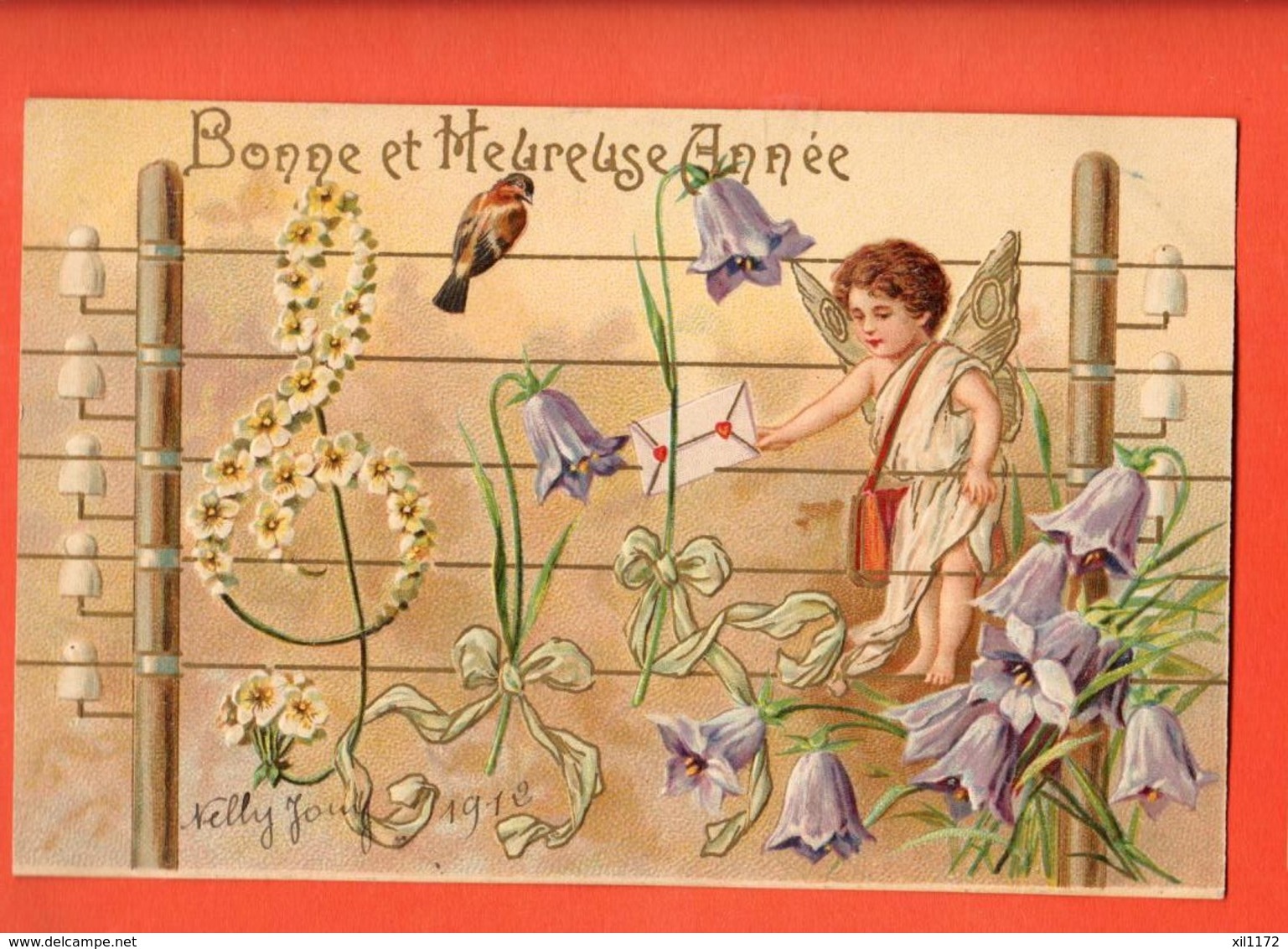 KAJ-36 Bonne Et Heureuse Année. Ange Avec Oiseaux Et Fleurs En Relief. Circulé - New Year