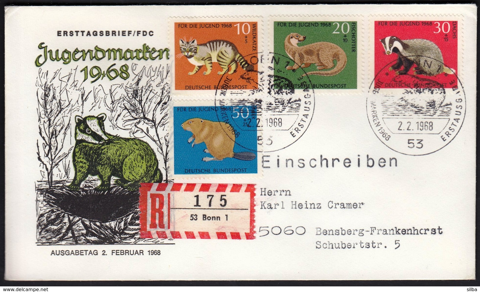 Germany Bonn 1968 / Youth Stamps / Animals / Wildcat, Badger, Otter, Beaver - Sonstige & Ohne Zuordnung