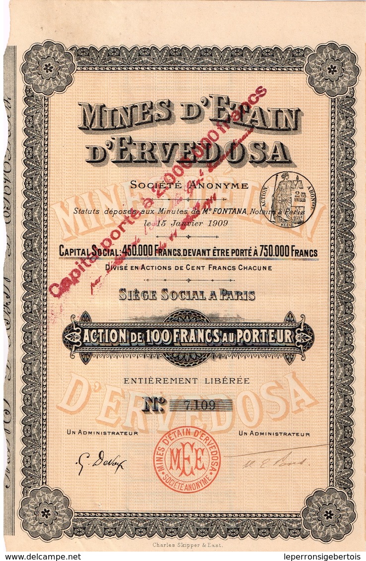 Titre Ancien - Mines D'Etain D'Ervedosa - Société Anonyme  - Titre De 1909 - Mijnen