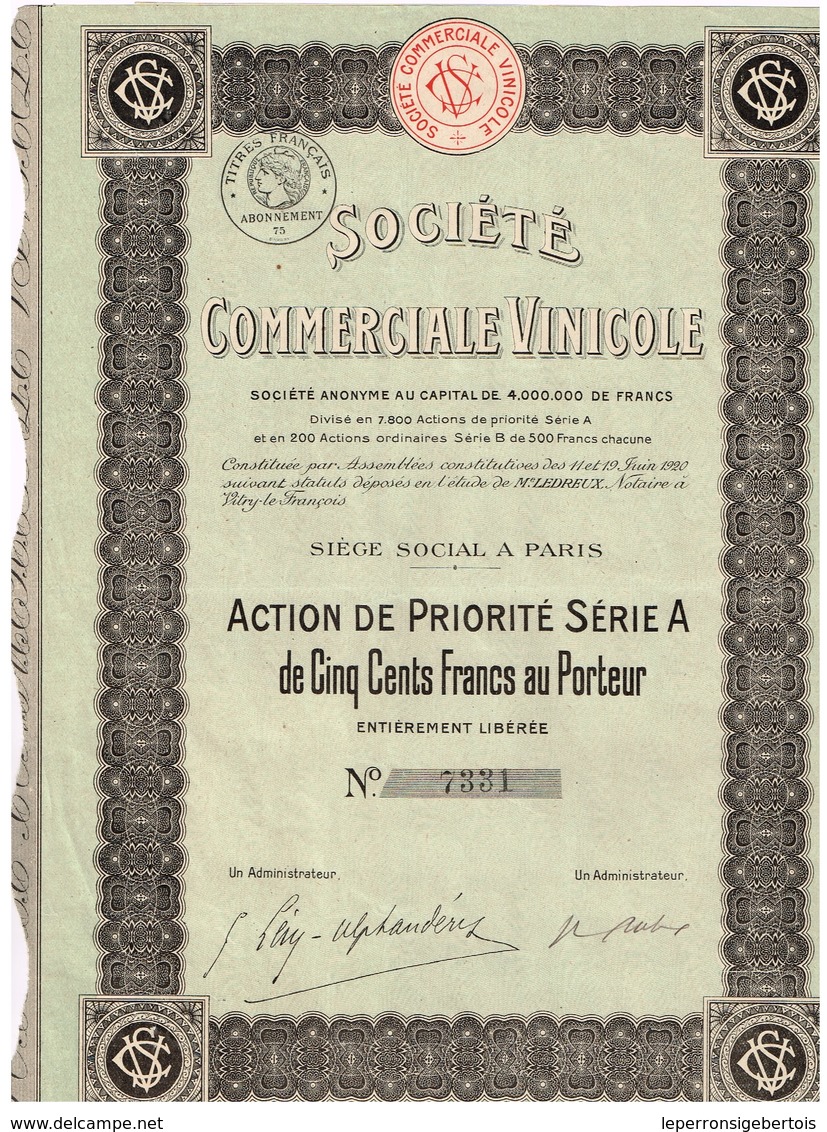 Titre Ancien - Société Commerciale Vinicole - Société Anonyme  - Titre De 1920 - Industrie