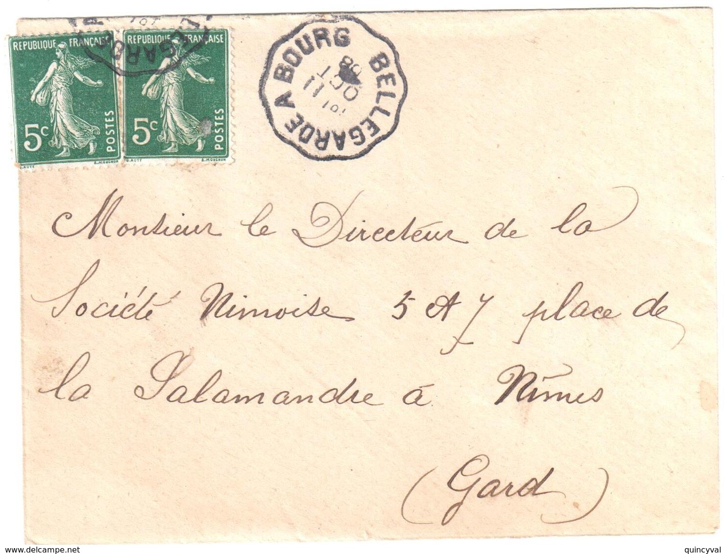 BELLEGARDE à BOURG Lettre Convoyeur Type 2 Ob 11/10/ 1908 5 C Semeuse Camée Vert Yv 137 - Posta Ferroviaria