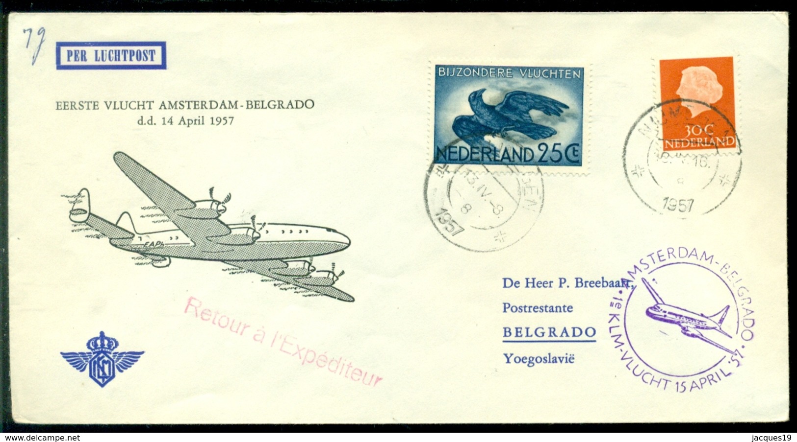 Nederland 1957 Eerste Vlucht KLM Van Amsterdam-Belgrado Met Datum 14 April VH 491a I - Briefe U. Dokumente