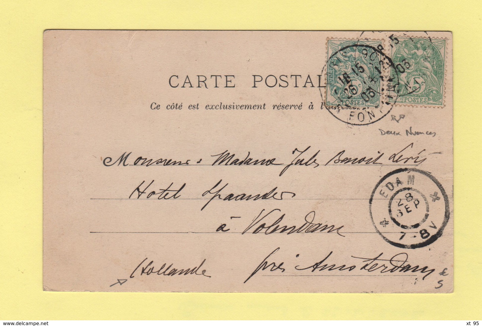 Type Blanc (deux Nuances) - Destination Hollande - 26-9-1903 - Paris - 1877-1920: Période Semi Moderne