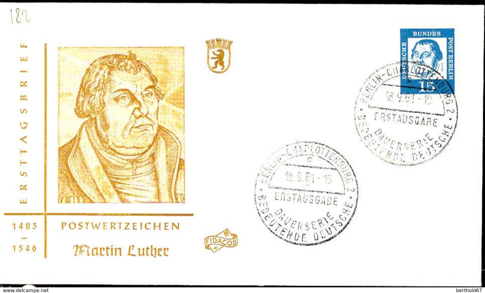 Berlin Poste Obl Yv:182 Mi:203 Martin Luther (TB Cachet à Date) Fdc Berlin 18-9-61 - Other & Unclassified