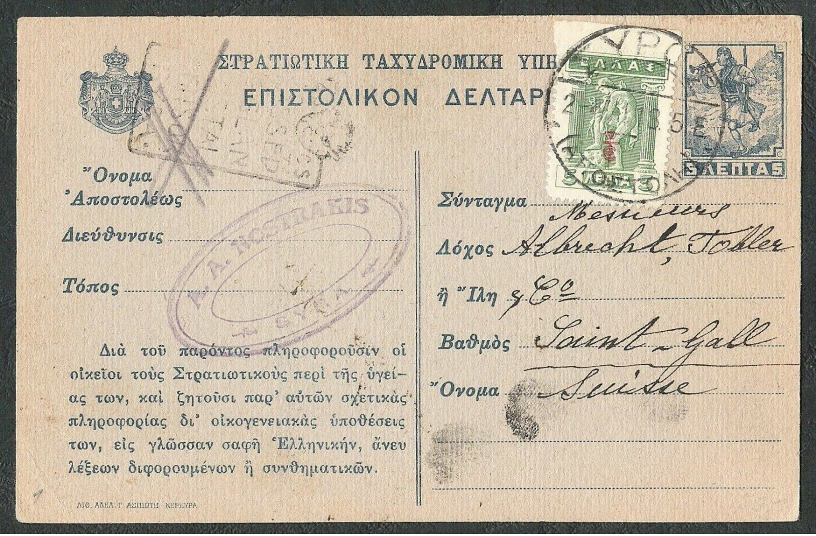 Greece 1918 Uprated Postal Card Syros To Saint Gall Suisse PASSED AEGEAN CENSOR - Storia Postale